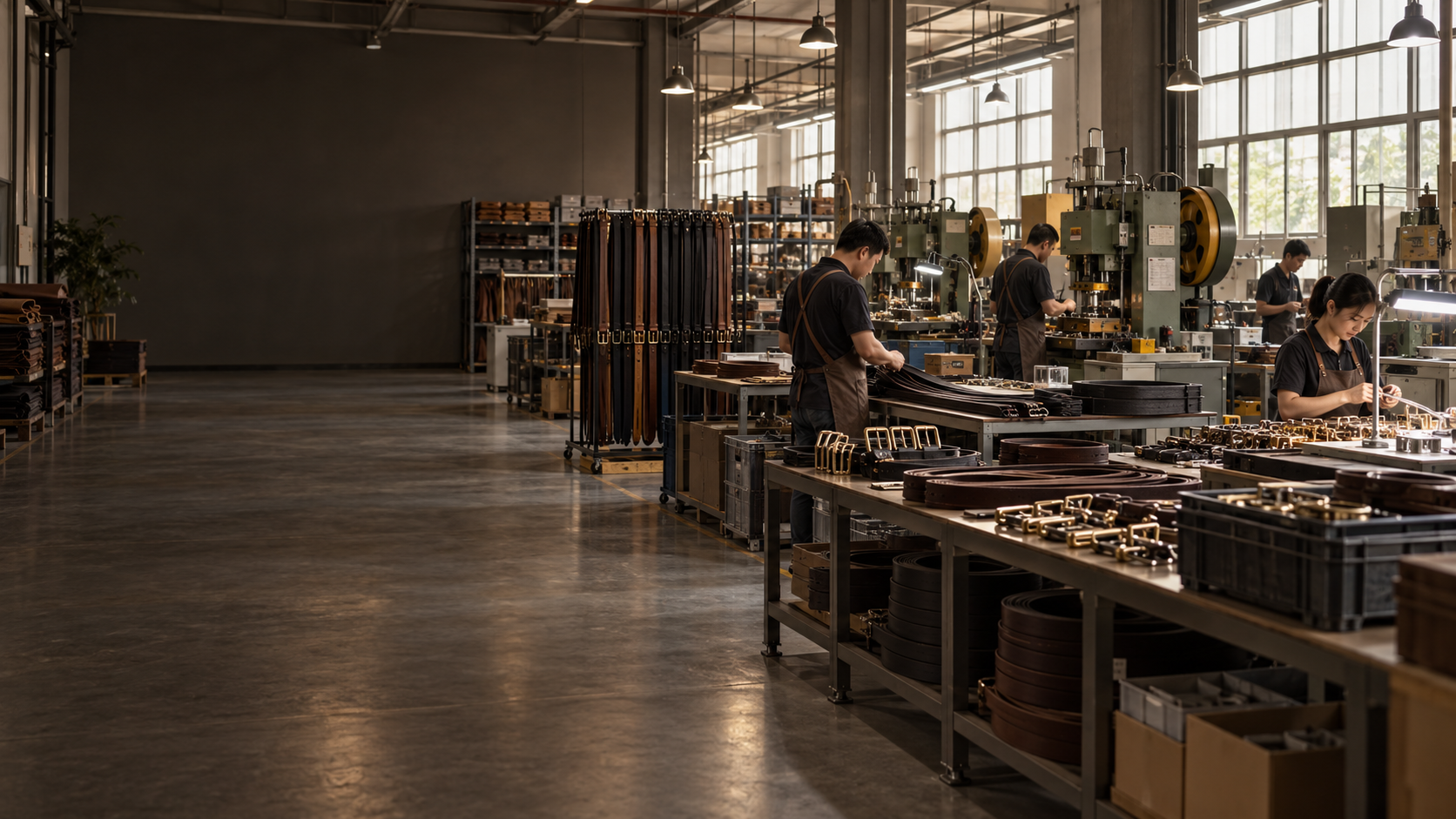 Organized belt and buckle manufacturing floor with workers and production equipment