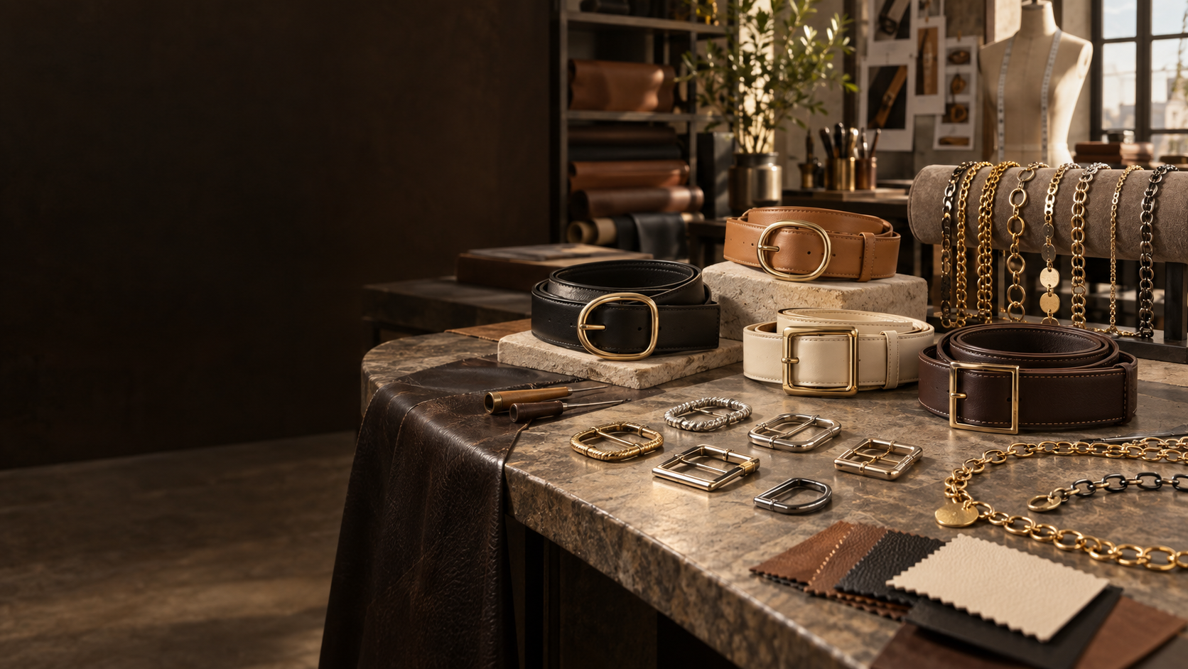 Women’s belts, buckles and waist chains displayed in a professional design studio