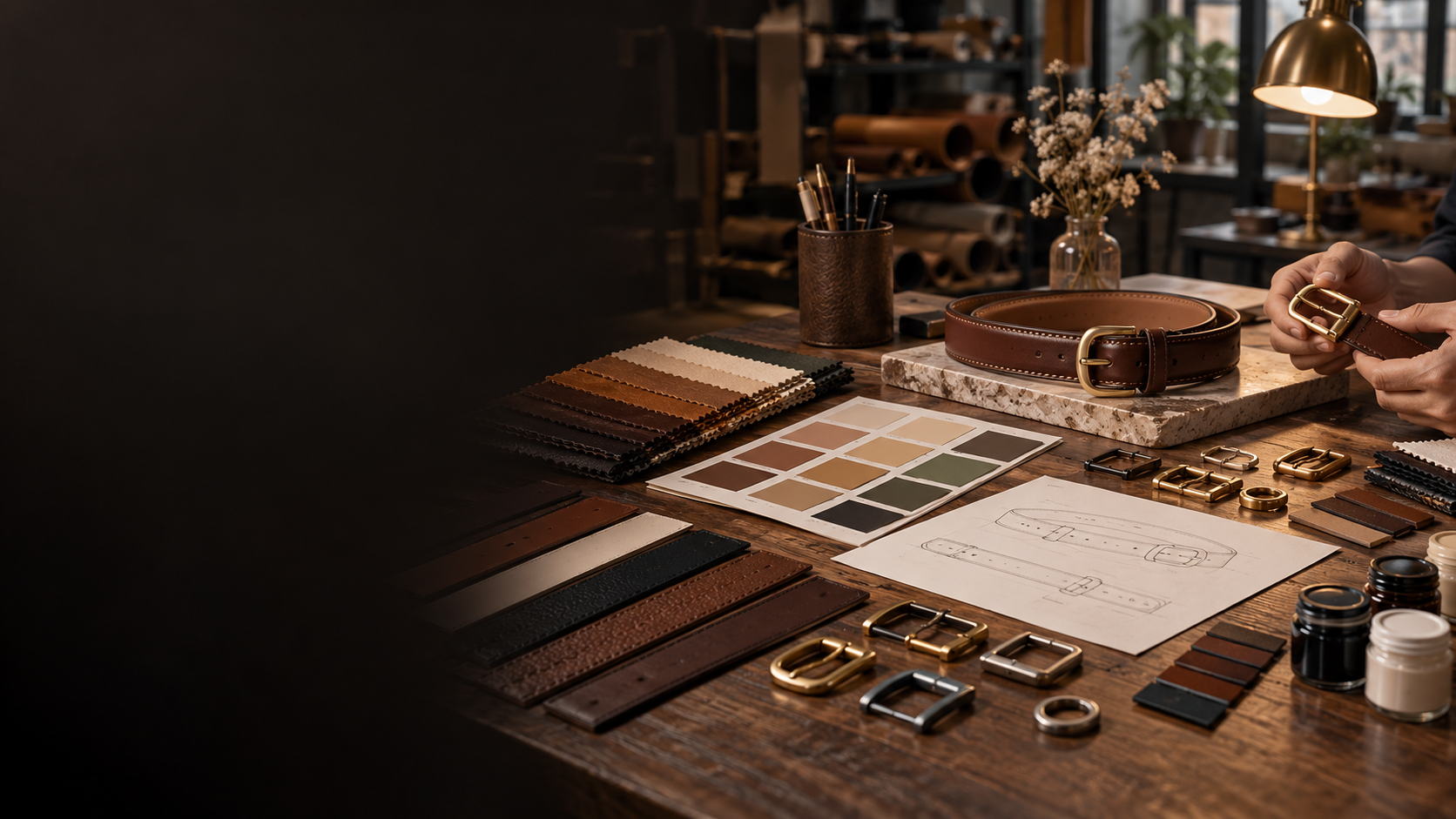 Custom belt development table with materials, colours, buckles and design samples